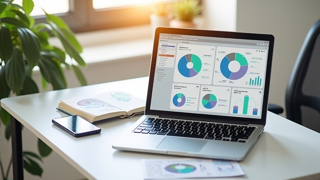 A tidy desk workspace with a laptop showing affiliate marketing dashboards, next to a smartphone and a notepad with strategy sketches. Bright, inviting scene.